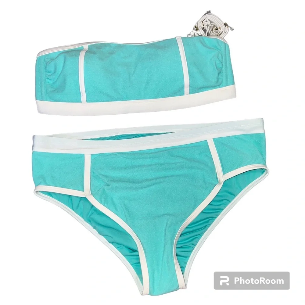 Kona sol light teal terry texture high waist bikini swimsuit bikini NWT